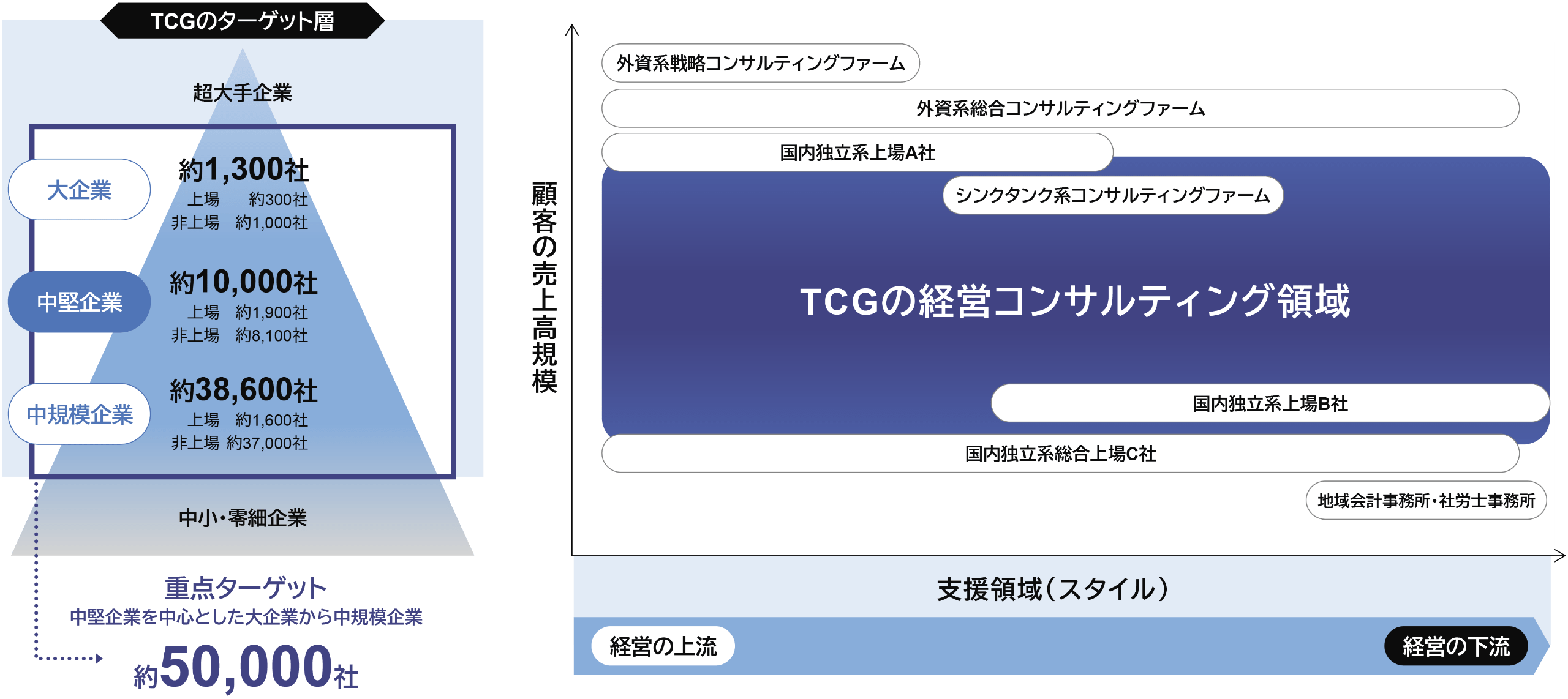 TCGのターゲット層と経営コンサルティング領域を示す図。左側はターゲット層のピラミッドで、中堅企業（約10,000社）を中心に大企業から中規模企業までの約50,000社を重点ターゲットとしている。右側は顧客の売上高規模と支援スタイル（経営の上流・下流）を軸としたマップで、他社ファームとの比較においてTCGが広くカバーするコンサルティング領域を示している。
