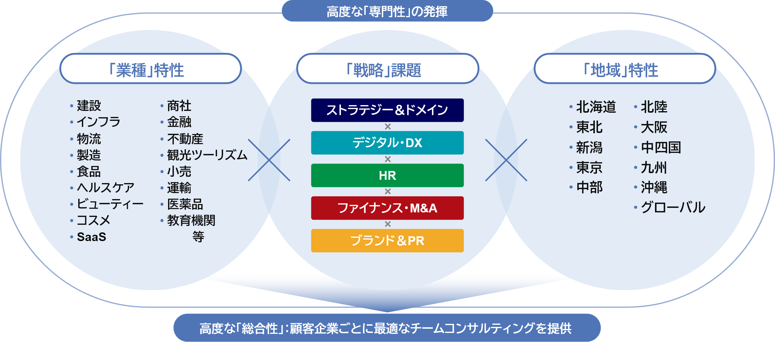 高度な専門性と総合性の発揮を示す図。建設・金融などの「業種特性」、デジタル・DXやHRなどの「戦略課題」、全国各エリアの「地域特性」を交差させ、顧客企業ごとに最適なチーム編成を行う仕組みを表している